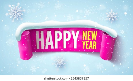 Happy new year winter banner with pink ribbon, snow cap and snowflakes. Vector illustration.