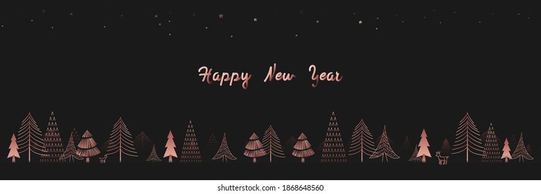 Happy new year. Winter forest, Christmas trees in gold color. Vector illustration