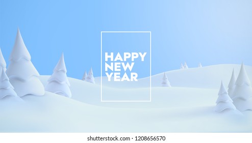 Happy New Year. Winter holiday landscape with snowdrifts and snowy fir trees. Vector 3d illustration. Seasonal nature background. Frosty snow hills.