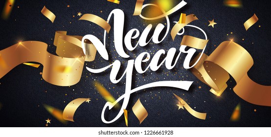 Happy New Year  winter holiday greeting card design template. Calligraphic New year Lettering Decorated. Party poster, banner for invitation gold glitter stars confetti glitter decoration. Vector