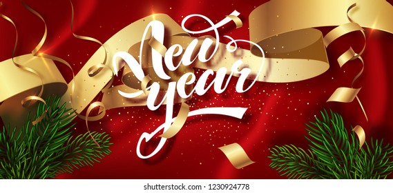 Happy New Year winter holiday greeting card design template. Calligraphic New year Lettering Decorated. Party poster, banner for invitation gold glitter stars confetti glitter decoration. Vector