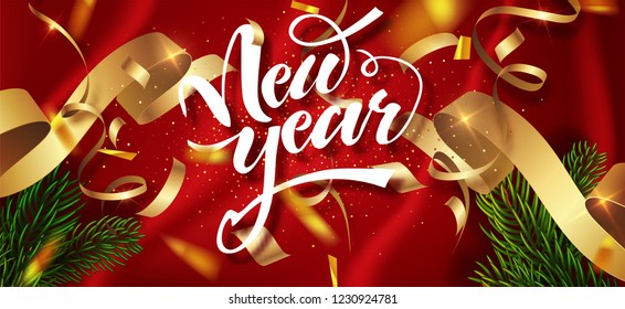 Happy New Year winter holiday greeting card design template. Calligraphic New year Lettering Decorated. Party poster, banner for invitation gold glitter stars confetti glitter decoration. Vector