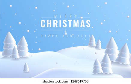 Happy New Year. Winter holiday landscape with snowdrifts and snowy fir trees. Vector 3d illustration.