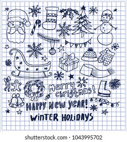 Happy New Year winter holidays hand drawn elements written on checked sheet of paper from copybook vector illustration Christmas symbols isolated icons