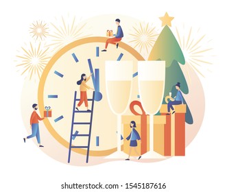 Happy New Year. Winter Holidays concept. Tiny people are preparing for the New year. Modern flat cartoon style. Vector illustration