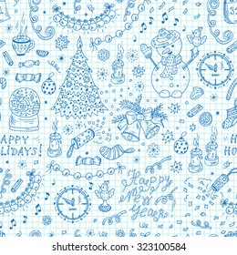 Happy New Year. Happy winter holidays. Merry Christmas. New Year characters and decorations. New Year Vector Seamless pattern - Hand drawn Doodles illustrations