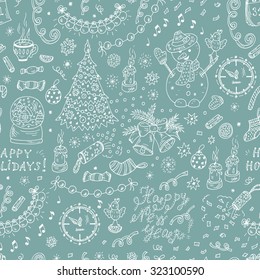 Happy New Year. Happy winter holidays. Merry Christmas. New Year characters and decorations. New Year Vector Seamless pattern - Hand drawn Doodles illustrations