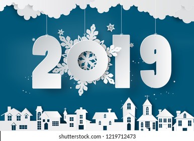 Happy new year and winter season , Snow Urban Countryside Landscape City Village with text 2019,paper art and craft style.