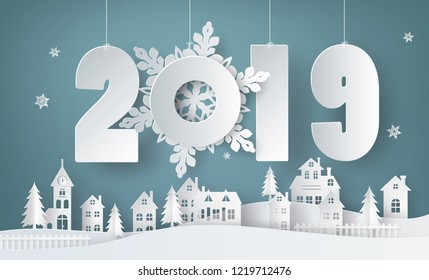 Happy new year and winter season , Snow Urban Countryside Landscape City Village with text 2019,paper art and craft style.