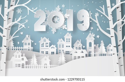 Happy new year and winter season , Snow Urban Countryside Landscape City Village with text 2019,paper art and craft style.