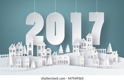 Happy new year and winter season , Snow Urban Countryside Landscape City Village with text 2017,paper art and craft style.