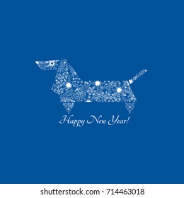 Happy New Year. Winter Season Holidays greeting card. Cute Dachshund Puppy from ornate white snowflakes on blue background. Cute dog icon. Domestic pet 2018 year symbol. Vector decorative illustration