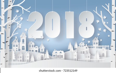 Happy new year and winter season , Snow Urban Countryside Landscape City Village with text 2018,paper art and digital craft style.