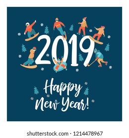 happy New Year. Winter sports and fun activities in the snow. People skiing, skating, sledding, snowboarding. Set of characters around the big numbers 2019. Vector illustration.
