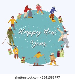 happy New Year. Winter sports and fun activities in the snow. People, family, gift. snowboarding, skiing, skating. A set of characters oriented in a circle. Vector illustration 