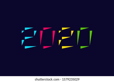 Happy New Year. Winter time 2020. Design template confetti made of from colorful triangles isolated on dark blue background. Vector illustration for decoration, celebration, event.