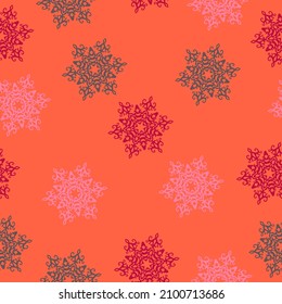 Happy New Year. Winter time Seamless christmas pattern with christmas trees, bows, snowflakes on colored background