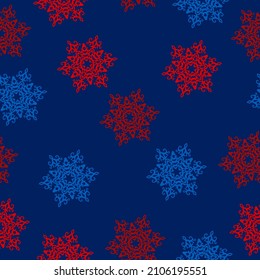 Happy New Year. Winter time Seamless christmas pattern with christmas trees, bows, snowflakes on colored background