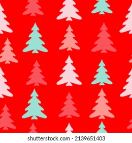 Happy New Year. Winter time Seamless christmas pattern with christmas trees, bows, snowflakes on colored background