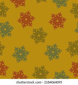 Happy New Year. Winter time Seamless christmas pattern with christmas trees, bows, snowflakes on colored background