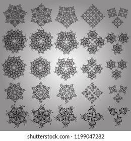 Happy New Year winter vector design for textile, wallpaper, fabric, wrapping paper. Silver on a white background simple Christmas set - twenty five varied Xmas snowflakes with dots.