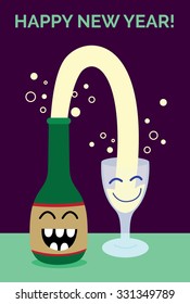 Happy new year wish card with funny champagne bottle and glass