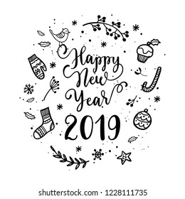 Happy New Year wish for labels, emblems, logo, text, greeting card. Vector winter holidays backgrounds with hand lettering calligraphy