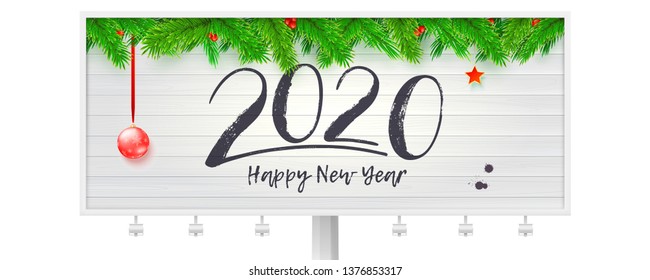 Happy New Year wishes for 2020 with fir branches and Christmas tree toys on light wooden background. Billboard with handwritten lettering 2020 in style chinese calligraphy. Vector illustration