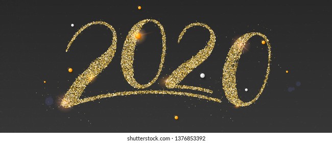 Happy New Year wishes for 2020 with abstract pattern. Numbers with shining glittering dust for greeting card. Chinese calligraphy. Handwritten golden lettering 2020. Vector illustration