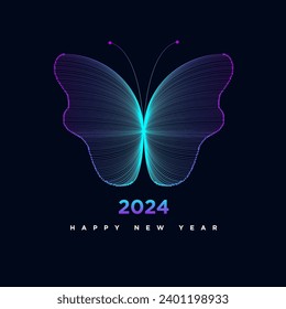 Happy new year wishes with colorful neon butterfly gradient design on black background. 2024 new year luxury vector art illustration