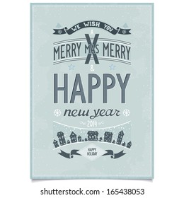 Happy new year wishes design card in retro poster style on blue grunge background. Vector graphics CMYK eps8