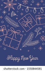 Happy New Year wishes greeting card template. Trendy presents, fir branches linear illustration with calligraphy. Elegant congratulation on blue background for Christmas time postcard layout.