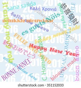 Happy new year wishes in multiple languages over 2016 background