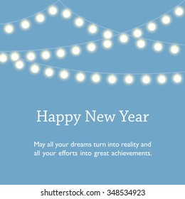 Happy New Year Wishes On Blue Background With String Of Glowing Fairy Lights.