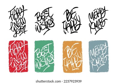 Happy New Year wishes set as stamps. Modern lettering greetings words best wishes, be happy, merry xmas and happy new year in graffiti style. Hand written grunge phrases for cards, banners, posters.
