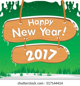 Happy New Year with wooden sign on Green background. White snow and Christmas tree.