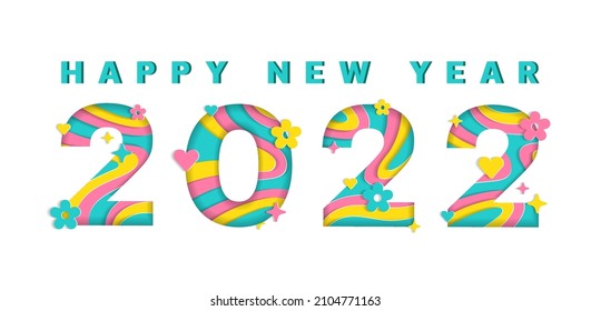 Happy New Year Word Abstract White Paper Blissful Joyful Flower Heart Festival Sparkle Shine Pink Yellow Green Mint Mountain Geography Contour Map 3D Layer Line Cutout Card Web Banner