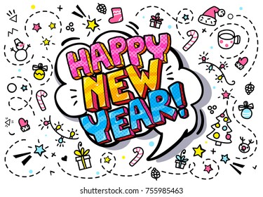 Happy New Year in word bubble. Message in pop art comic style.