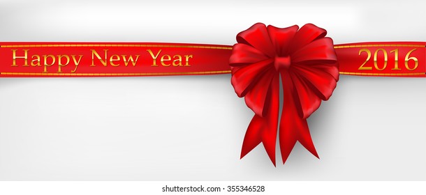 happy new year word on red heart shape with red ribbon