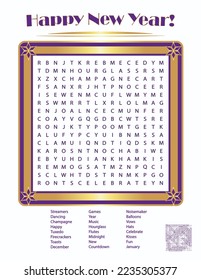 Happy New Year Word Search with Answers, Fun Party Game, Word Puzzle, Invitation, Greeting Card Illustration, Promo, Promotion, Festive, Gold, Purple