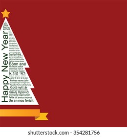 Happy New Year word Tag Cloud shaped as a Christmas tree, Red Greeting Card with ribbon