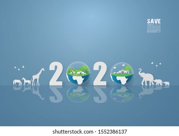 Happy new year and World environment year concept.Wild animals in the forest on text 2020,Paper craft style vector and illustration 