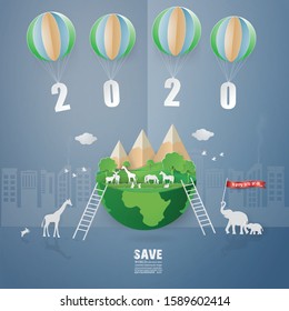 Happy new year World environment concept.Text 2020 tied with white rope parachute on the sky go to  green forest in the earth,paper craft style