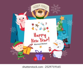 Happy New Year and Wormest wishes greeting card. Inscription with bear, fir tree, snowman, elf and piglet on background with snowflakes. Can be used for postcards, greeting cards, leaflets