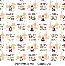 Happy New Year wrapping paper semaless vector pattern with rabbit