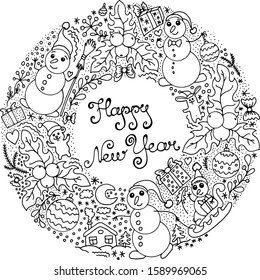 happy new year wreath greeting card black and white image