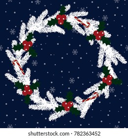 Happy New Year wreath Merry Christmas white christmas tree holly berry candy cane snow snowflake night card vector.