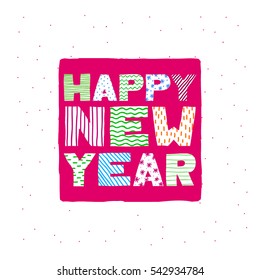 happy new year writing, greeting card, patchwork style