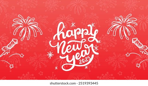 Happy New year written in calligraphy style, Greeting post for social media platforms or landing page or cards with Red attractive background.