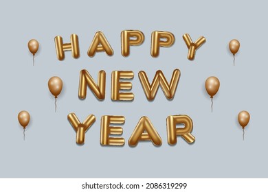 happy new year written with golden foil balloons. happy new year lettering gold balloons, happy new year typography background. vector design